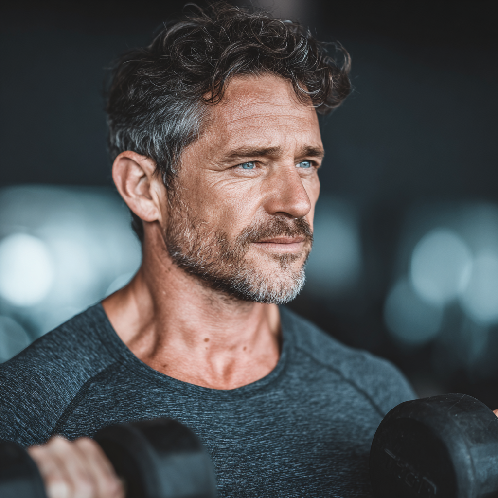 Confident middle-aged man in his 40s performing strength training with dumbbells in a modern gym setting