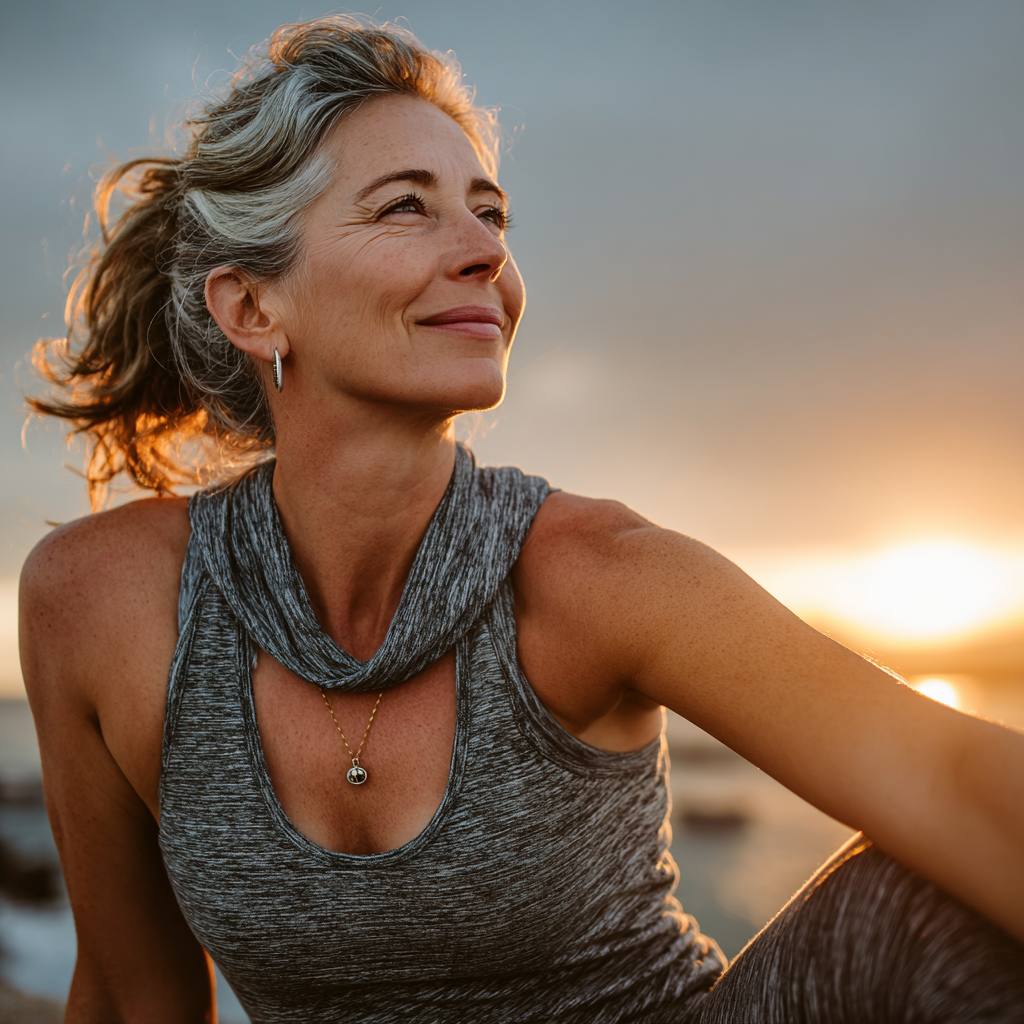 Happy woman in her late 40s doing yoga stretches outdoors, demonstrating flexibility and wellness